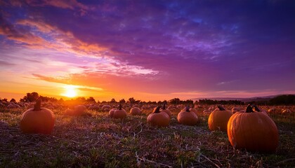 Silhouetted Pumpkins Dot A Field Against A Radiant Purple And Orange Sunset Backdrop