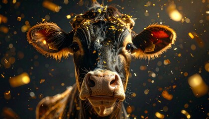 Cute realistic cow celebrating New Year, friendly expression, soft golden confetti floating, elegant dark background, cinematic lighting, festive yet calm mood, premium stock photography style, large 