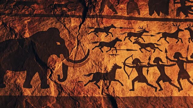 Ancient Cave Painting of Elephant Hunt Scene.