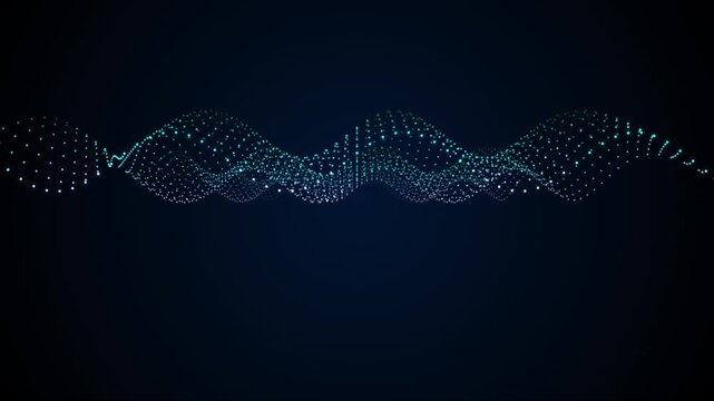 Retro futuristic green grid wave terrain moving on black background Abstract blue digital network wave lines with particles on dark background for science and tech