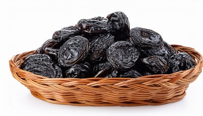 Prunes In A Wicker Basket Isolated On White Background Heap Of Dried Plums