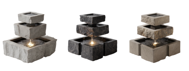 Three tiered stone fountains with lights on a black background