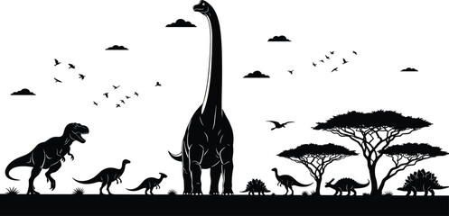 Dinosaur silhouettes illustration, prehistoric wildlife artwork, Tyrannosaurus rex scene, sauropod long neck, Stegosaurus Triceratops design, ancient nature composition, flying birds background © NAIMUR