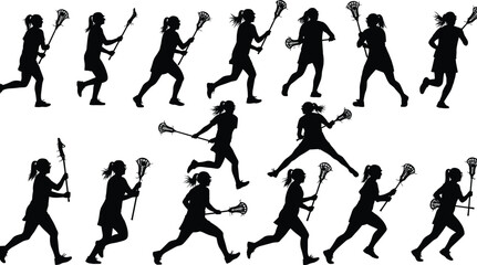 Female lacrosse silhouettes, dynamic sports illustration, athletic women players, running jumping poses, lacrosse stick action, competitive game, energetic movement, fitness artwork, team sport design