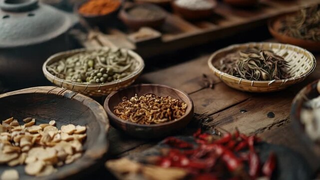 A variety of spices and herbs in bowls and containers, arranged for cooking or display.