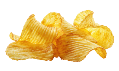 Stack of golden, ridged potato chips on transparent background