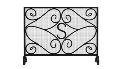 Cozy fireplace screen made of black iron mesh with scroll design isolated on white background