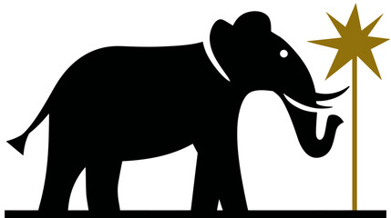 Black elephant silhouette with tusks and trunk standing next to a shining golden star on a pole, graphic design element.