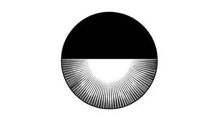 Abstract black and white circle graphic with a solid upper half and a radiating sunburst pattern in the lower half, modern design concept.