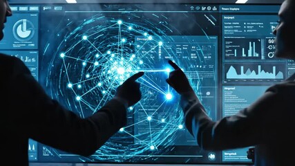 Professionals analyze connected data on glowing AI screen - Powered by Adobe