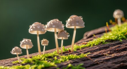 Tiny mushrooms with water droplets on a mossy log