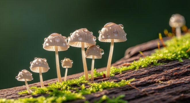 Tiny mushrooms with water droplets on a mossy log