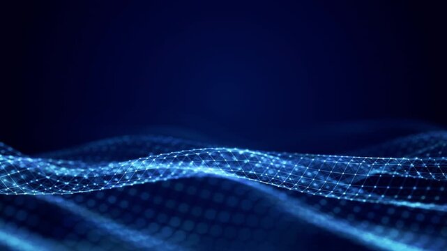 Blue glowing mesh wave with dots and lines on a dark background, representing futuristic digital technology and data flow.