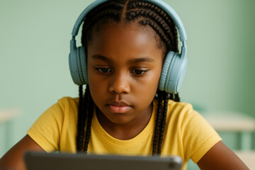 Focused young girl wearing headphones using digital tablet for learning and entertainment in modern classroom setting