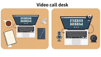 Video Call Desk Setup with Laptop and Accessories.