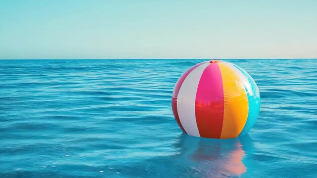 Vibrant beach ball floating on clear blue water.