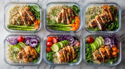 Meal prep ideas healthy chicken and veggie bowls for fitness in modern kitchen top-down view for easy planning