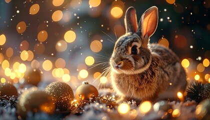 Cute realistic rabbit celebrating New Year, soft golden lights and minimal festive decorations, cozy elegant atmosphere, dark background, shallow depth of field, cinematic lighting, gentle joyful mood