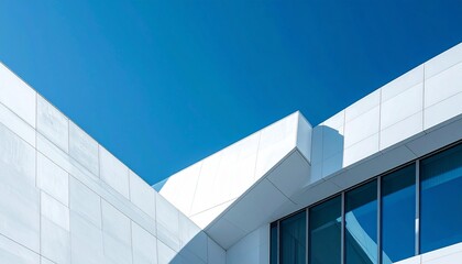 Abstract architectural lines and shapes against a clear blue sky, showcasing modern building design elements and geometric forms in a clean, minimalist aesthetic