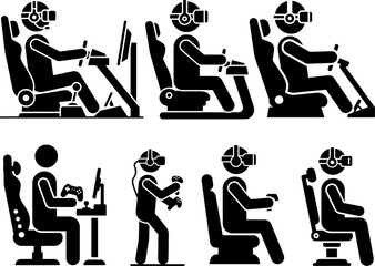 Virtual Reality Gaming and Racing Simulator Stick Figure Icon Set