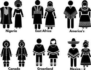 Minimalist Cultural Heritage Dress Stick Figure Pictograms from Around the World