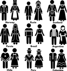 Traditional National Costumes and Folk Clothing Icons Set of 9 Countries