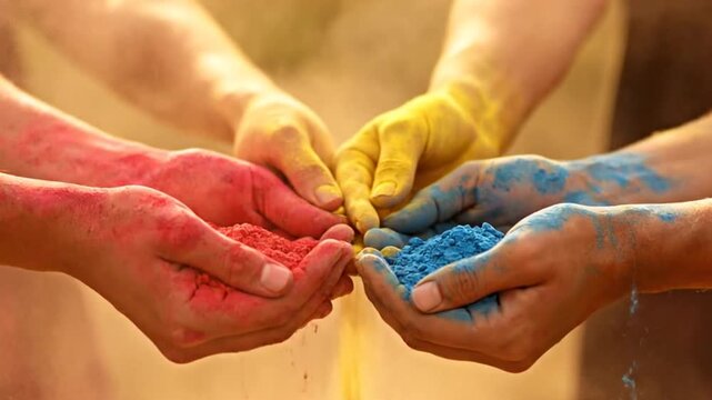 Friends' hands bursting with red, yellow, and blue powder, ready for a joyful and Vibrant Powder Fight celebration in bright sunlight.