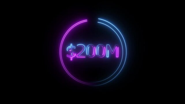$200 Millions Glowing neon line Letter Icon animation. $200M achievement for business Work, 200M followers and subscribers on black background animation.