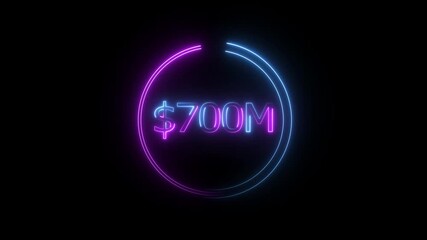 $700 Millions Glowing neon line Letter Icon animation. $700M achievement for business Work, 700M followers and subscribers on black background animation.