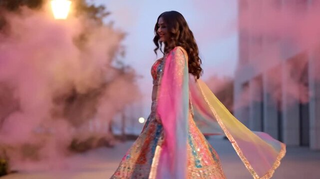 Beautiful Indian Woman Celebrates with a Vibrant Powder Fight, Twirling Gracefully in a Colorful Lehenga Choli at Dusk