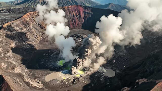 Volcanic crater with smoke and colorful rock