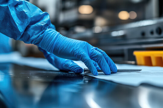 Careful and meticulous hand of medical examiner wearing blue protective glove performing autopsy or forensic investigation on laboratory table with serious focus on procedure