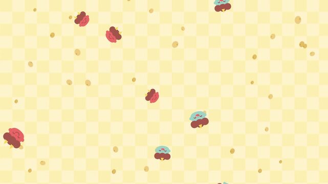 節分の赤鬼と青鬼と豆が降る背景ループアニメーション（黄色背景）