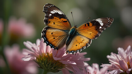 Naklejka premium Detailed butterfly with patterned wings sits on pink blooming flower. Nature wildlife concept