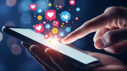 Hand interacting with a glowing smartphone, a vibrant stream of social media likes, hearts, and emojis floating from the screen, symbolizing online engagement and digital connection