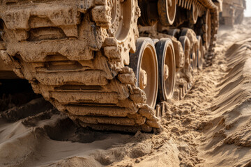 Low-angle, close-up shot of a military tank's heavily caked track and wheels moving across fine, dry desert sand, leaving deep ruts.
