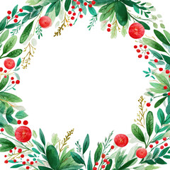 Festive wreath of leaves, berries, and gold sprigs on black background