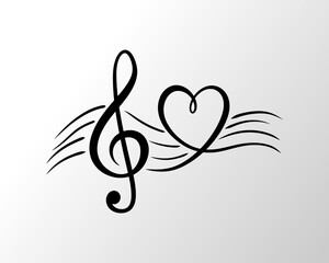 Stylized treble clef intertwined with a heart symbol representing love for music
