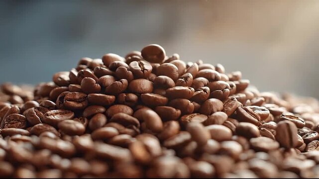 Close up of roasted coffee beans falling and piling up in slow motion.