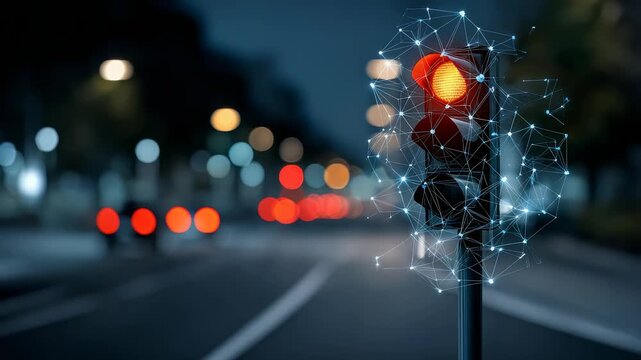 Futuristic traffic light with glowing red signal and digital network connections at night on a city street. Urban technology and smart city innovation concept in modern transportation systems