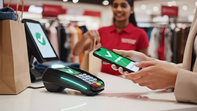 Customer Pays For Purchases Using Smartphone Mobile Payment Terminal At Retail Store Checkout Counter