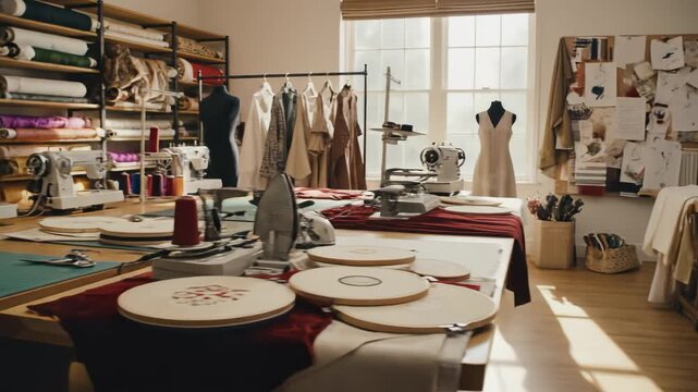 Sewing room with fabric and machines
