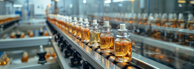 Fototapeta premium Bottling Line: A streamlined bottling line, showcasing rows of amber-hued bottles filled with liquid. The image depicts automated process, conveying a sense of efficiency and industrial precision. 