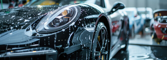 Fototapeta premium Sparkling Clean: A luxurious car undergoes a meticulous wash, glistening under the bright lights of a car wash. The image showcases the gleaming finish and meticulous care given to the vehicle.