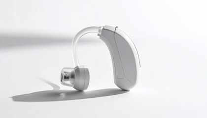 Close-up of a white behind-the-ear hearing aid on a white surface with a shadow cast
