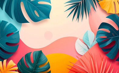 Bright and cheerful tropical leaves arranged on a soft, abstract background, capturing the essence of summer, vacation, and exotic nature for vibrant designs