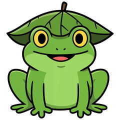 Obraz premium Frog in Nature's Hat: A cheerful, green frog donning a leaf hat, symbolizing harmony with nature, embodies the whimsy and wonder of the outdoors.
