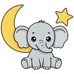 Fototapeta premium Cute Elephant Cartoon on Crescent Moon: A charming cartoon depicts a cuddly elephant seated serenely on a crescent moon under a radiant star, exuding a sense of peace.