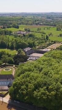 ch&acirc;teau seneffe parks surrounding green areas vibrant landscape location making aerial drone panning of de belgium tranquility beauty destination visitors 