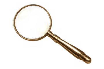 Magnifying glass with golden handle on transparent background, symbolizing research, discovery and focus